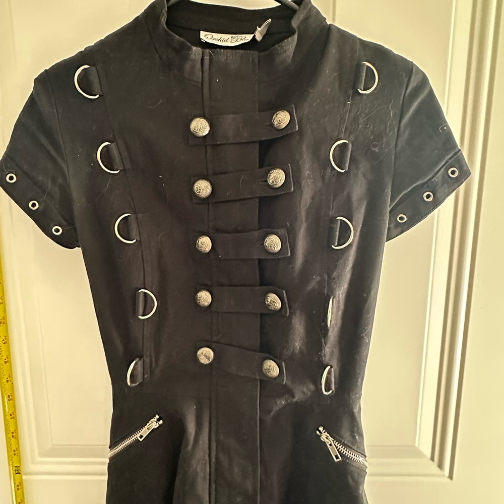 Orchid Bloom Punk/Goth Black Short Sleeve Military Style Dress